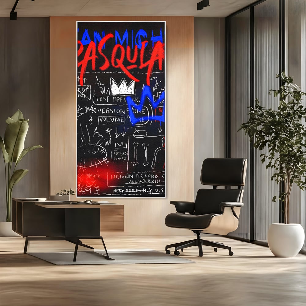 Tablou canvas cu tablou canvas cu grafica pop art, in rama de aluminiu argintiu, pe perete intr-un birou